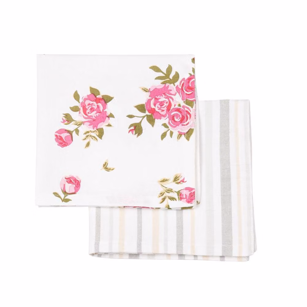 Dibor Set of 2 Pink Floral and Striped Cotton Linen Table Cloth Napkins in White – 2