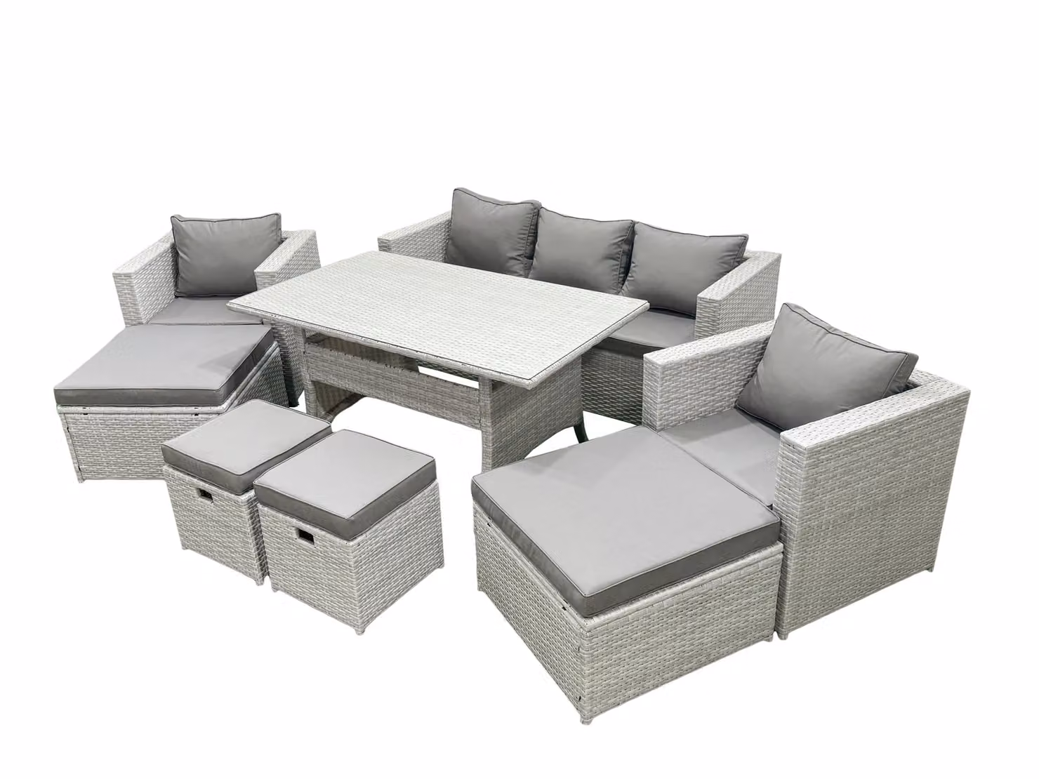 Fimous 9 Seater Rattan Garden Furniture Set with Glass Top Dining Table in Light Grey – 2