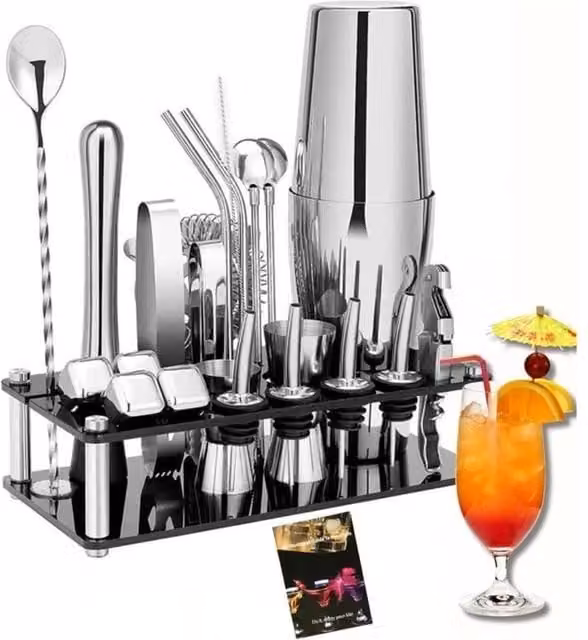 Nordara 23 Piece Stainless Steel and Acrylic Cocktail Making Bar Tools Gift Set in Silver with 750ml Shaker – 1