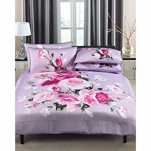 Paoletti Riva Windsor Super King Duvet Cover Set, Heather Purple Rose Flower Print, 100% Cotton, 300 Thread Count, W: 260 cm, D: 220 cm
