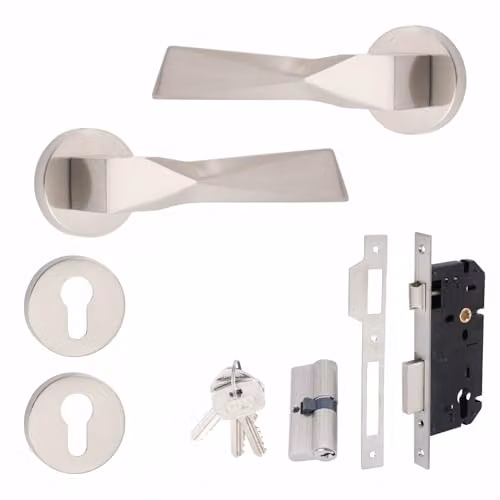 Golden Grace Modern Aura Euro Lock Door Handles in Brushed Silver with Key Lock Set