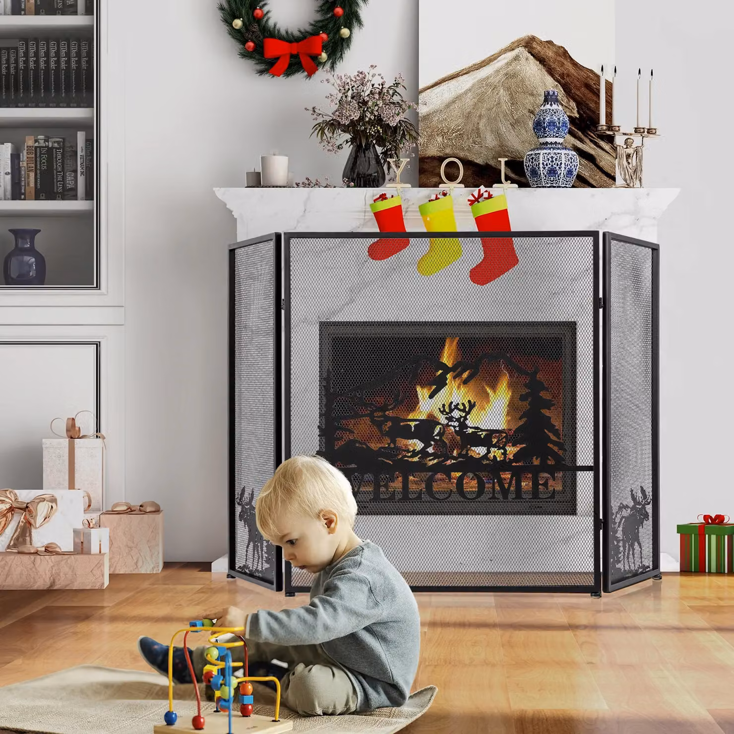 Costway 3-Panel Folding Fireplace Spark Guard with Natural Scenery and Moose Pattern, Black, W: 132 cm, H: 79 cm, D: 79 cm – 6