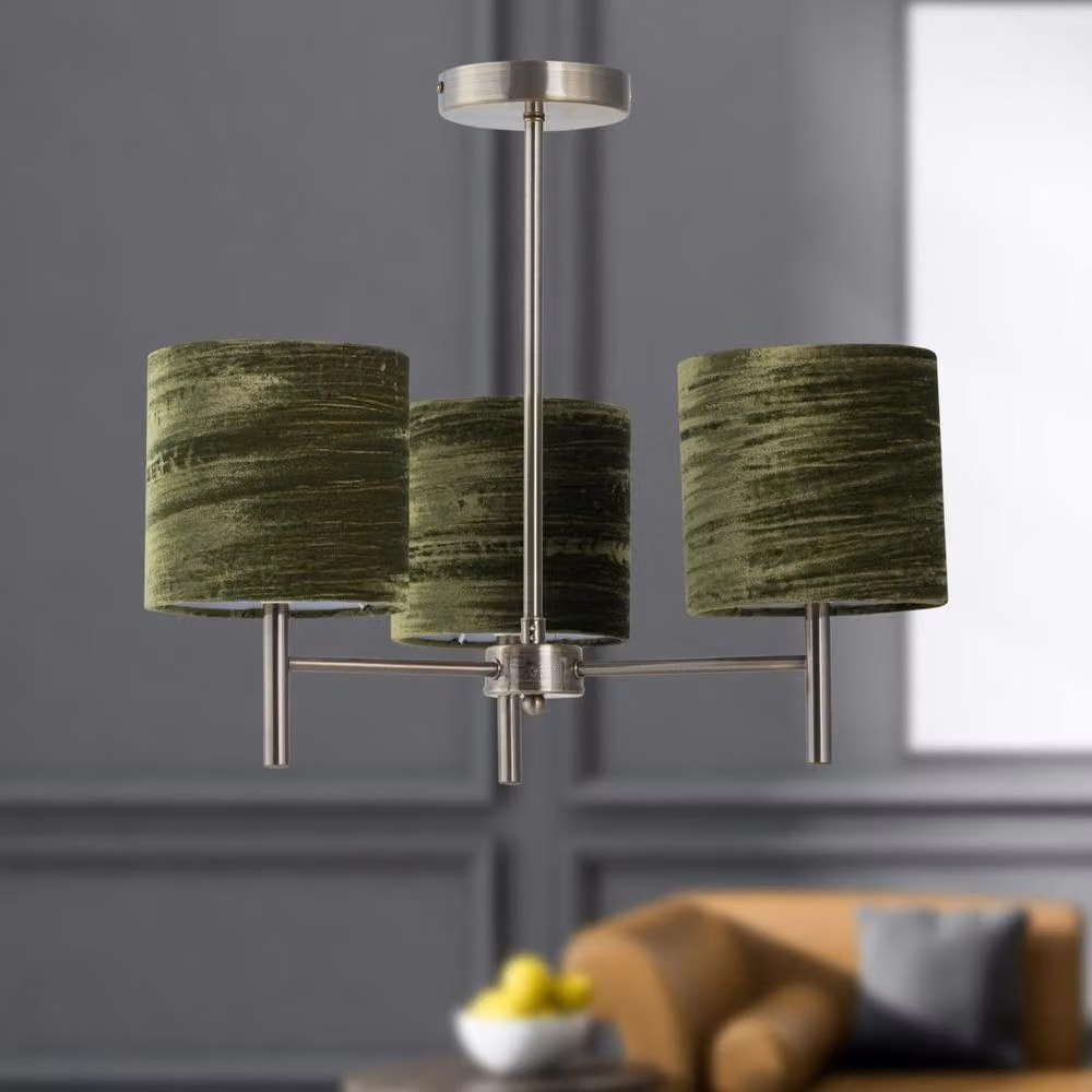 First Choice Lighting Brea Antique Brass 3 Light Ceiling Fitting with Green Fabric Shades – 3
