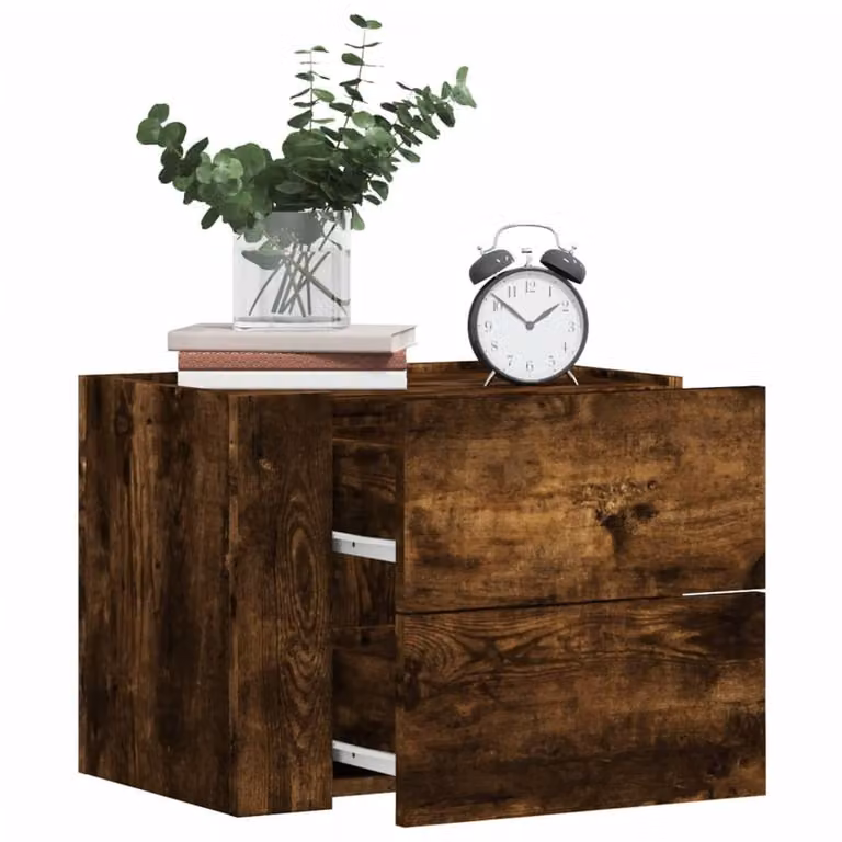 Berkfield Home Set of 2 Wall-mounted Bedside Cabinets in Smoked Oak Brown, W/D/H: 45 x 30 x 35 cm