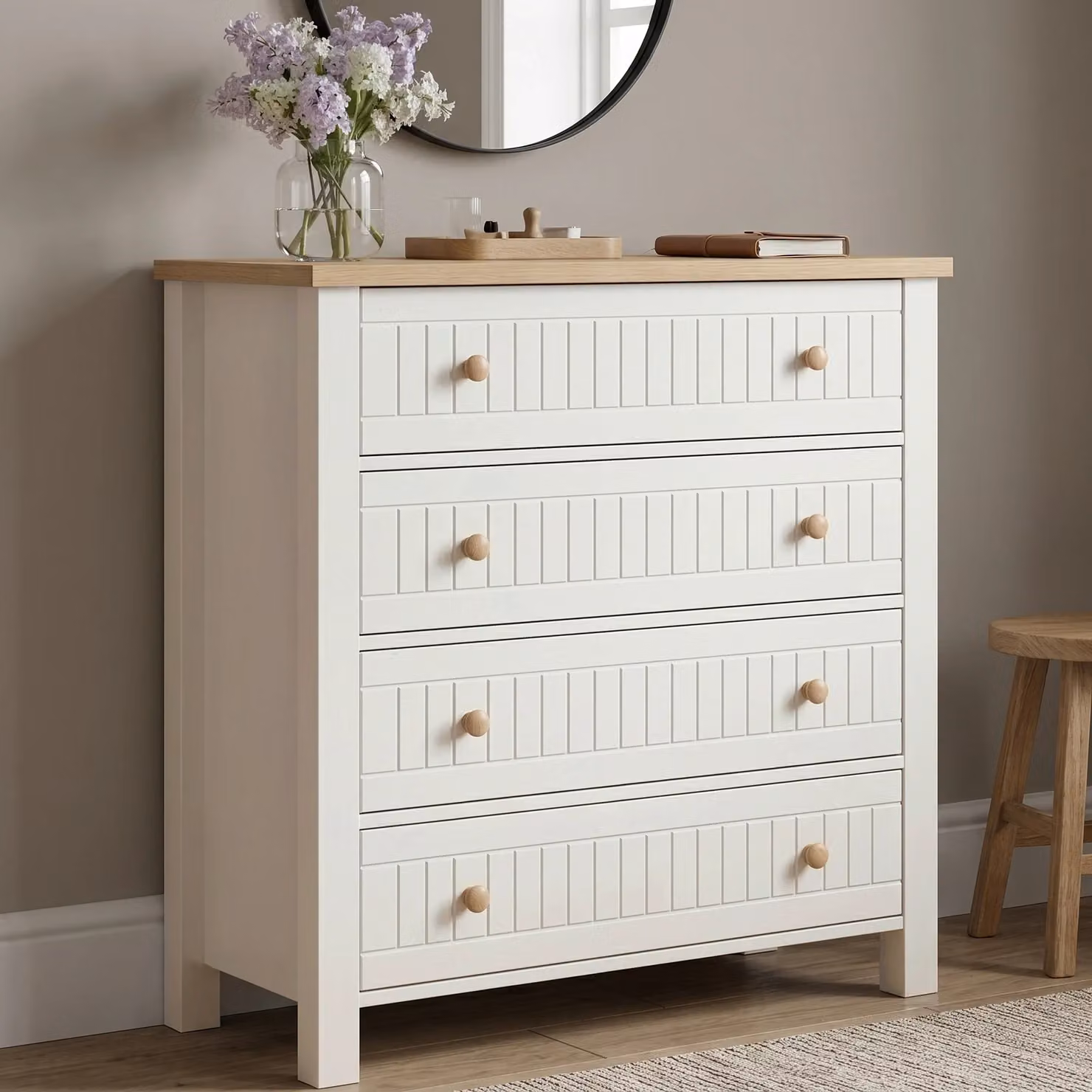 DHS Linra White Lacquered 4 Chest of Drawers in Oak Wood, Mid-Century Style, W/D/H: 95 x 42 x 83 cm