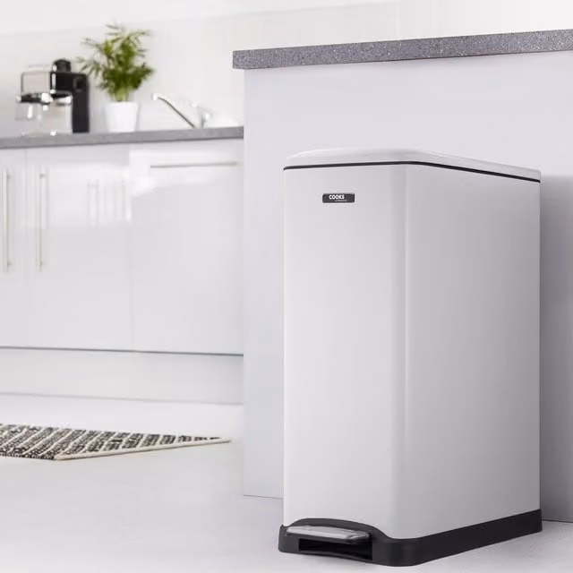 Cooks Professional Slimline Dual Compartment 50L Pedal Bin with Soft Close Lid and Removable Inner Buckets in White – 1