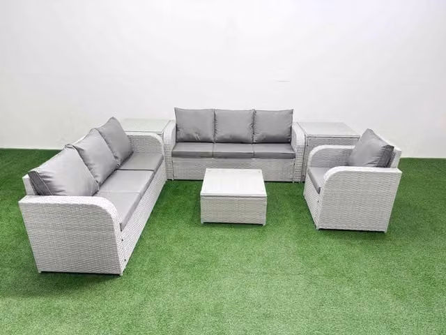 Fimous 7 Seater Poly Rattan Garden Furniture Set in Grey with Upholstered Cushions, 3 Seater Sofas, Reclining Chairs, Side Tables and Coffee Table