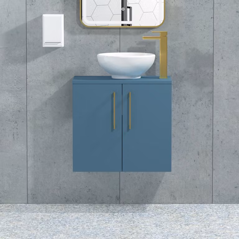 Royal Bathrooms Modena 800mm Wall Hung Vanity Unit in Satin Blue with 2 Doors, Brushed Brass Handle and Countertop Basin