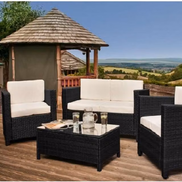 Comfy Living Modern 4 Piece Rattan Garden Furniture Set with 2 Seater Sofa, Chairs and Cover in Black