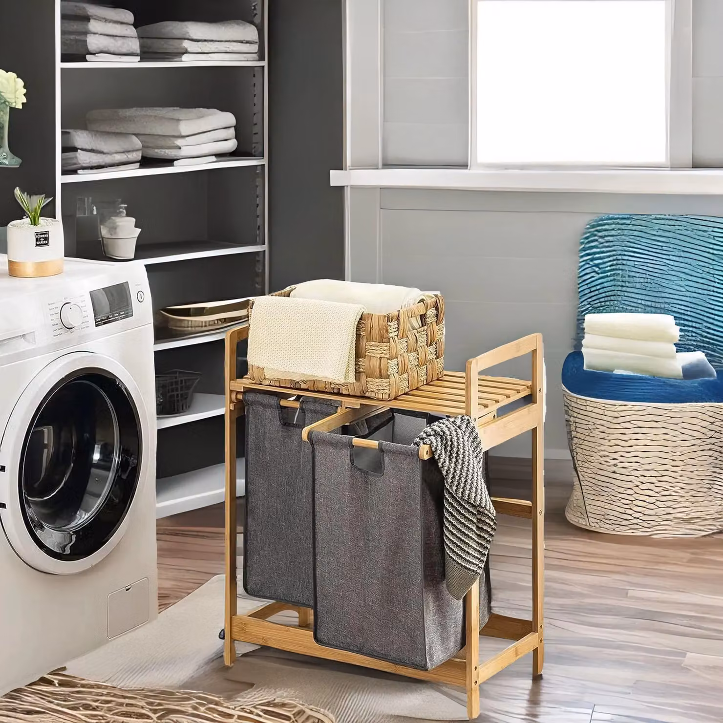 Rafaelo Mobilia Bamboo Pull Out Double Laundry Basket with Shelf in Grey and Natural – 2
