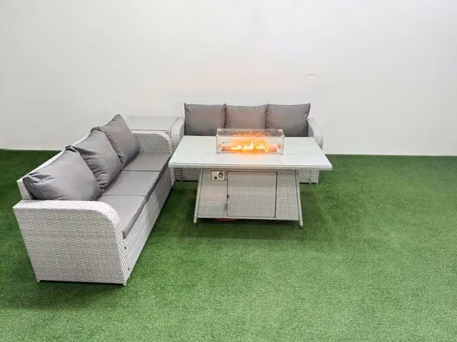 Fimous 6 Seater Wicker Rattan Garden Furniture Set with Firepit Dining Table and High Back Lounge Sofa in Light Grey