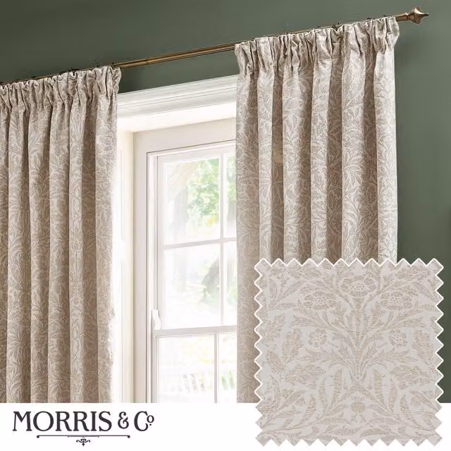Morris & Co Acorn Tonal Matt Jacquard Pencil Pleat Curtains in Ivory, Width: 168 cm, Drop: 229 cm