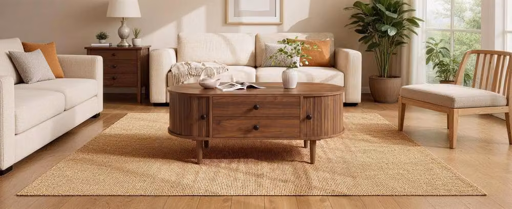 BTM Retro Oval Coffee Table with Sliding Doors, 2 Drawers and Wood Legs in Walnut Brown – 2