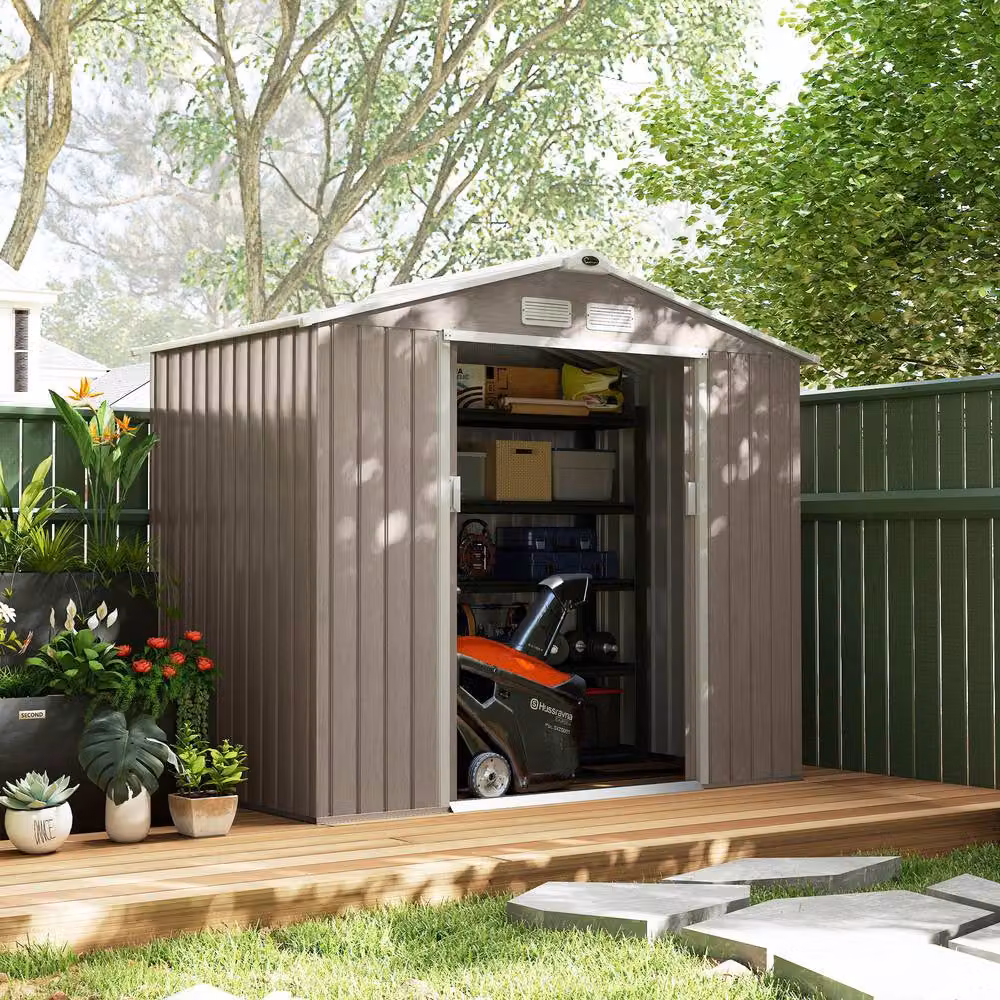 Rolipo Metal Garden Shed with Foundation Kit and Double Doors, Light Brown, W/D/H: 213.38 x 121.92 x 185 cm – 8