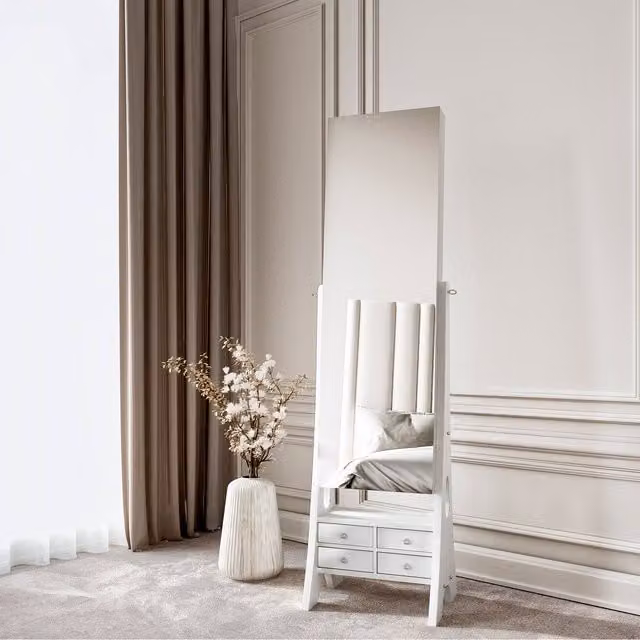 CARME Modern White Freestanding Jewellery Cabinet with Full Length Mirror and Integrated LED Lighting