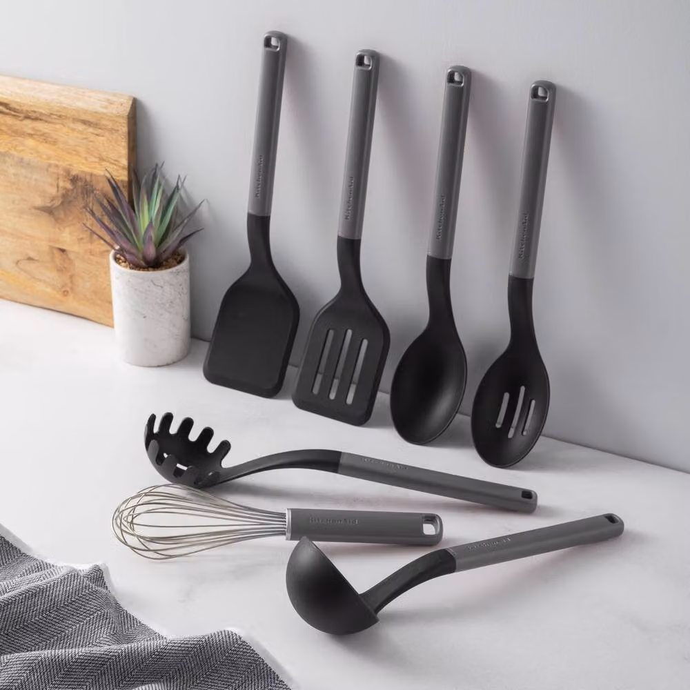KitchenAid 7pc Heat Resistant and Non-Scratch Silicone and Stainless Steel Utensil Set in Grey and Red – 2