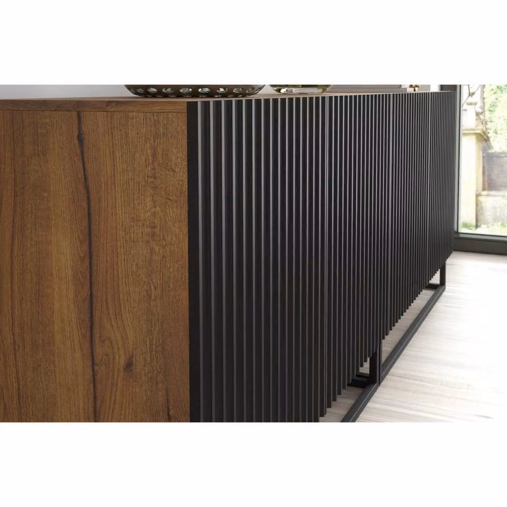 Creative Furniture Ripple Duo Sideboard in Oak and Black with Fluted Doors, Dark Brown, W: 200 cm, H: 80 cm, D: 35 cm – 3