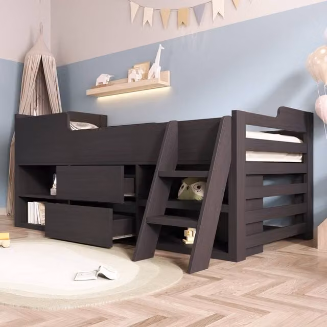 Merax Solid Wood Single Mid Sleeper Bed with Storage Drawers and Shelves in Grey, W/D/H: 90 x 190 cm – 1