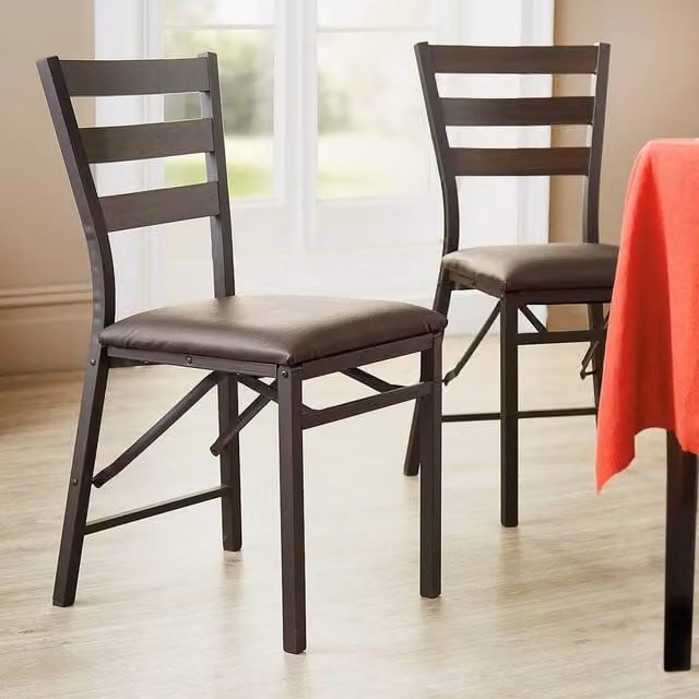 Coopers of Stortford Pair of Folding Dining Chairs with Brown Faux Leather Padded Seats