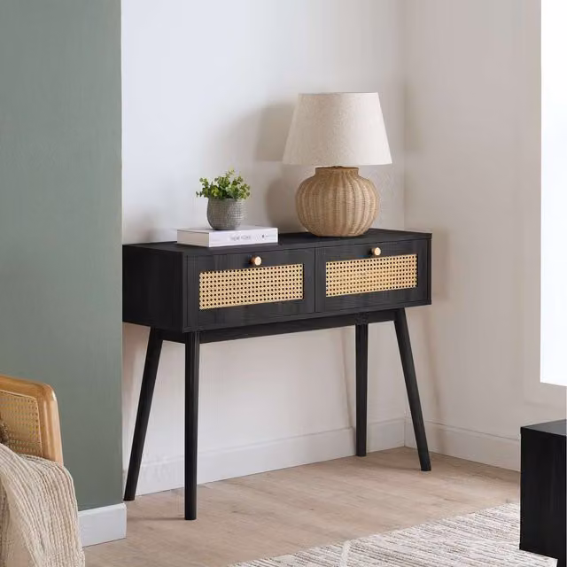 Croxley Modern Rectangular Rattan Console Table in Black and Oak