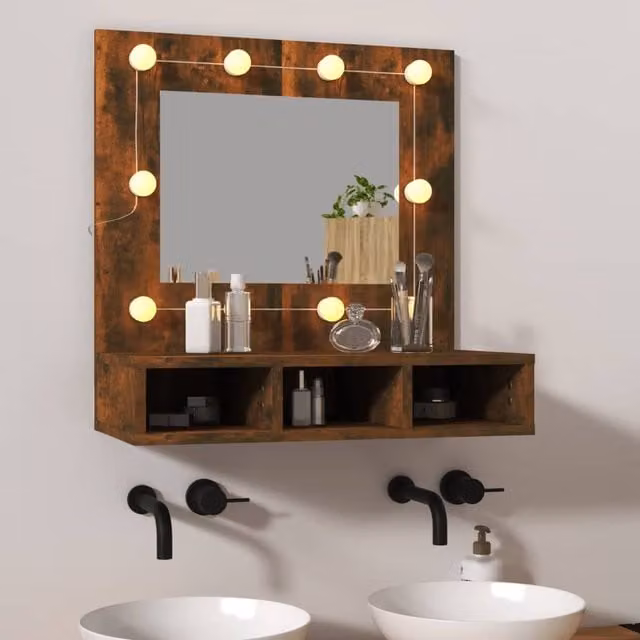 Berkfield Home Mirror Cabinet with LED Lighting in Smoked Oak Brown, W: 60 cm, D: 31.5 cm, H: 62 cm – 1