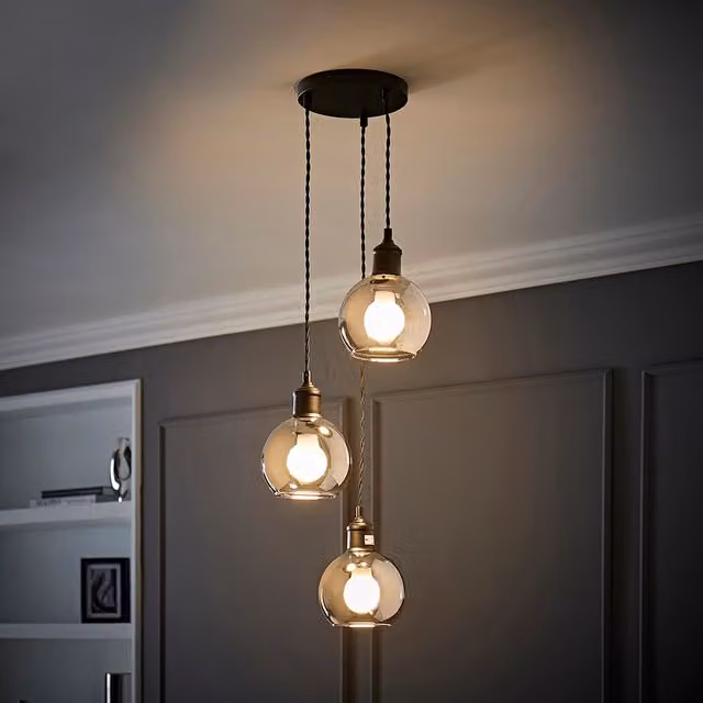 Bellamy Smoked Glass Globe 3 Drop Cluster Ceiling Pendant Light with LED Bulbs in Black