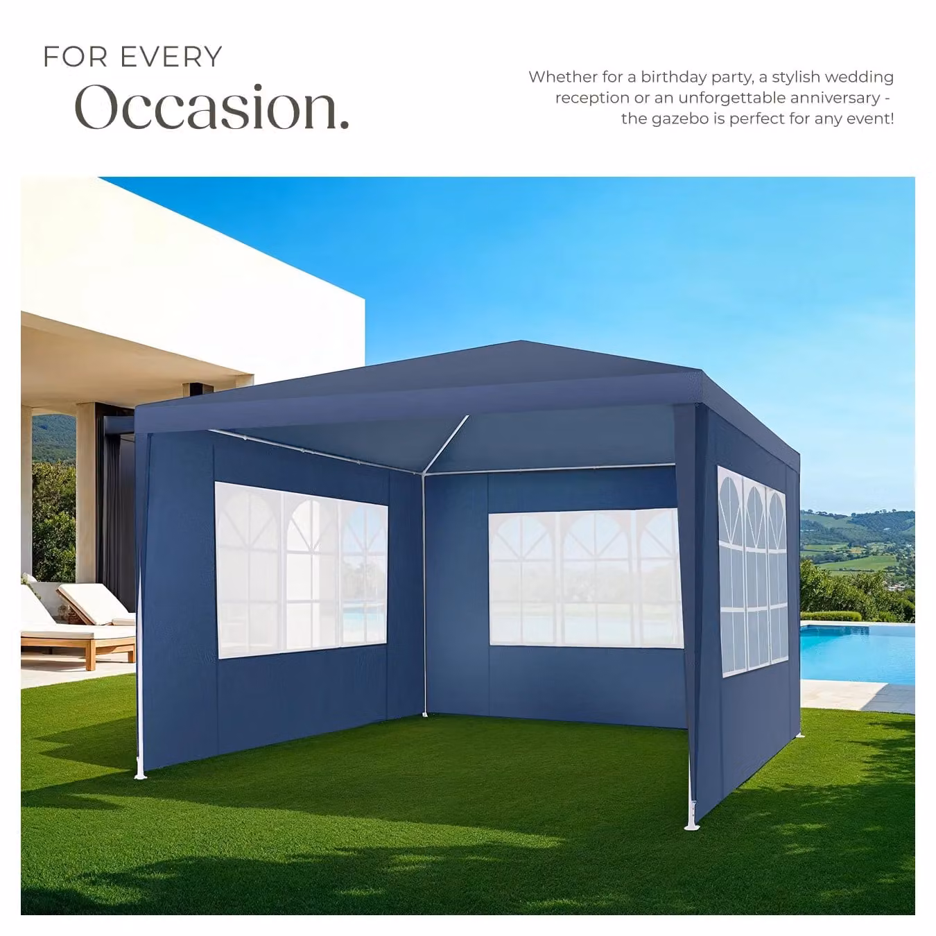 tectake Gazebo Barinas Blue with 3 Side Panels, W: 300 cm, D: 300 cm, H: 250 cm – 7