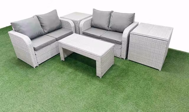 Fimous 4 Seater Rattan Garden Furniture Set in Light Grey with Oblong Coffee Table and 2 Side Tables