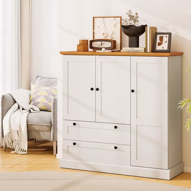 COSTWAY White Rustic Kitchen Pantry Storage Cabinet with Hinged Doors and Internal Shelves