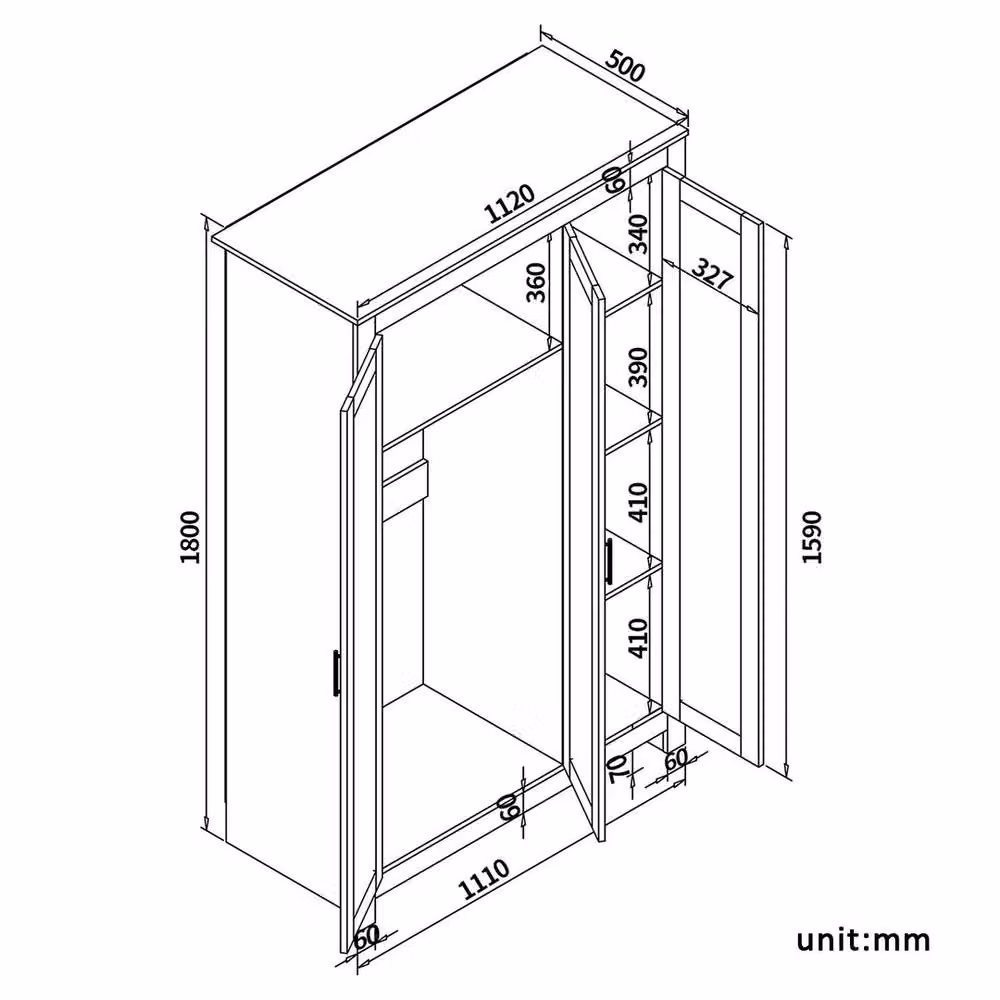 FORGEVIO Matte White 3 Door Triple Wardrobe with Integrated Drawers, H 180 cm x W 112 cm x D 50 cm – 2