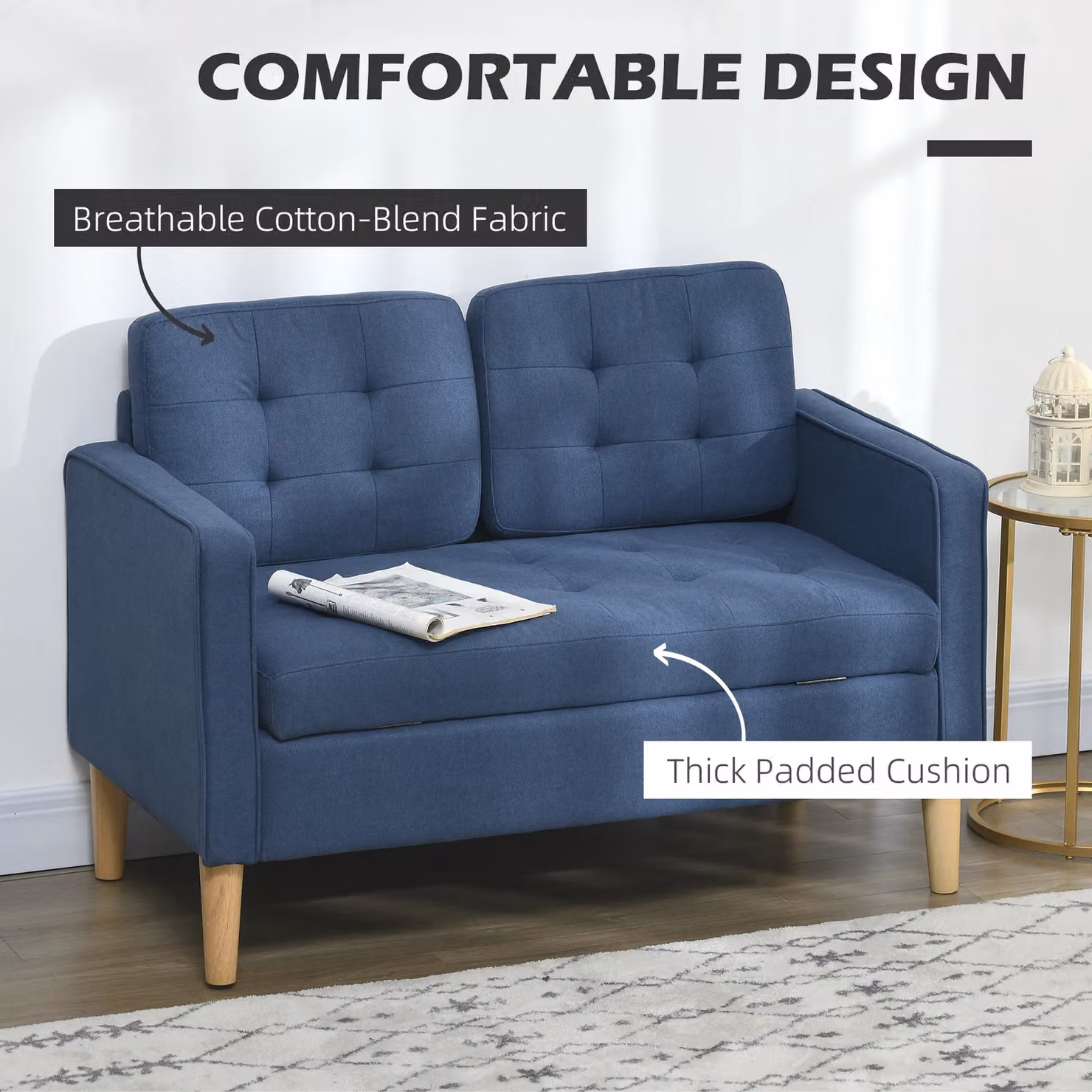 HOMCOM Compact 2 Seater Loveseat Sofa with Storage and Wood Legs in Blue – 4