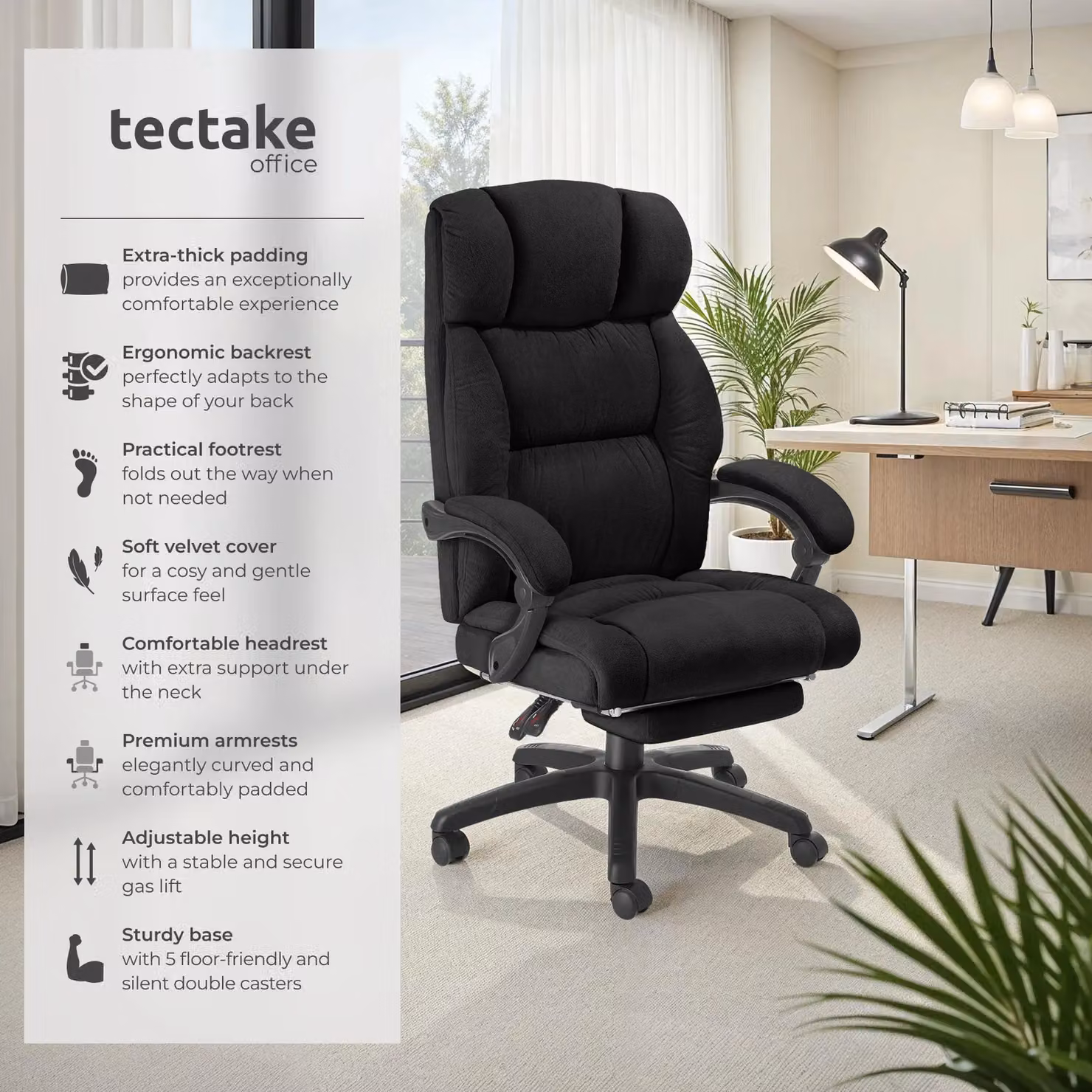 tectake Gillian Modern Black Velvet Swivel Gaming and Office Chair with Headrest and Armrests – 2