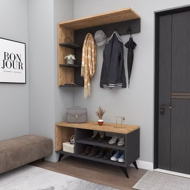 Destina Home Cassia Hallway Coat Rack and Shoe Storage Hall Tree with Bench in Grey