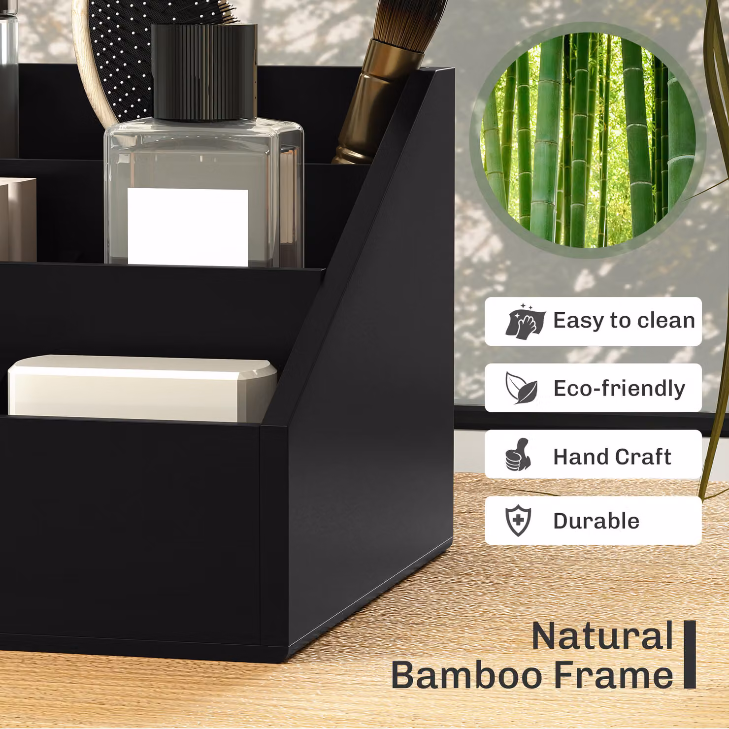HOMCOM Black Bamboo Desk Organiser with 7 Compartments and 2 Drawers – 5