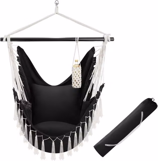 tectake Malika Boho Style Hanging Chair with Stand in Black – 1