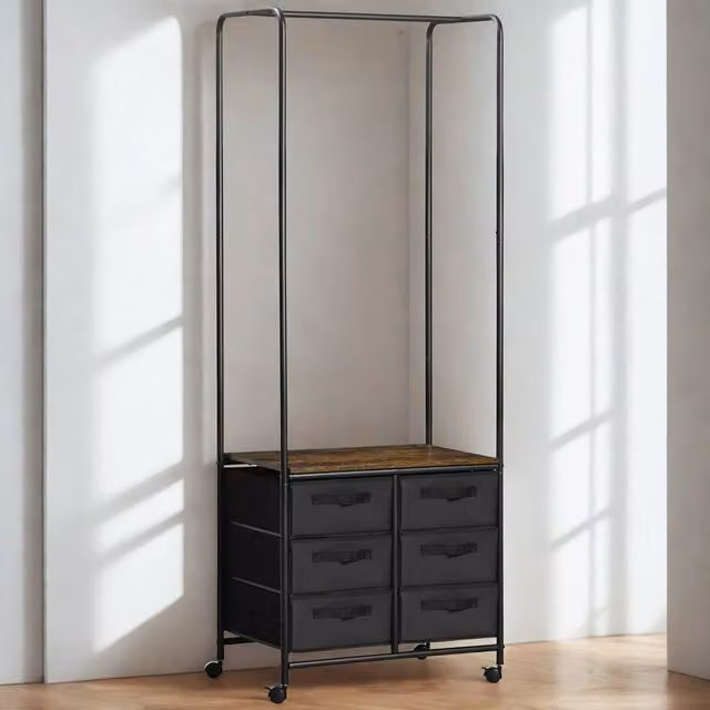 FURNOS Open Wardrobe Clothes Rail with Storage Drawers on Wheels, Brown, H 172.5 x W 100 x D 40 cm
