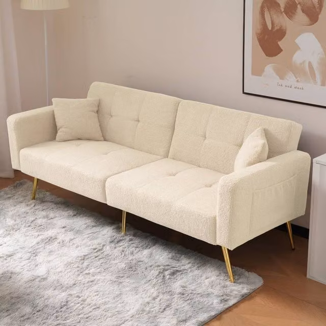 ModernLuxe Beige Bouclé Fabric Click-Clack Sofa Bed with Adjustable Headrest and Scatter Cushions – 1