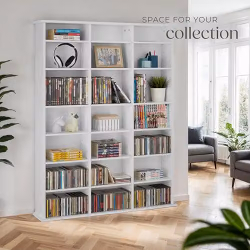 tectake CD Storage Unit in Matt White with Height-Adjustable Shelves and Media Compartments – 5