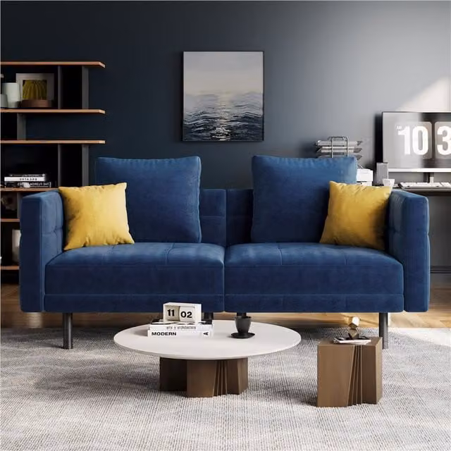 Yaheetech Blue Velvet Convertible Sofa Bed with Split Design and Adjustable Headrest