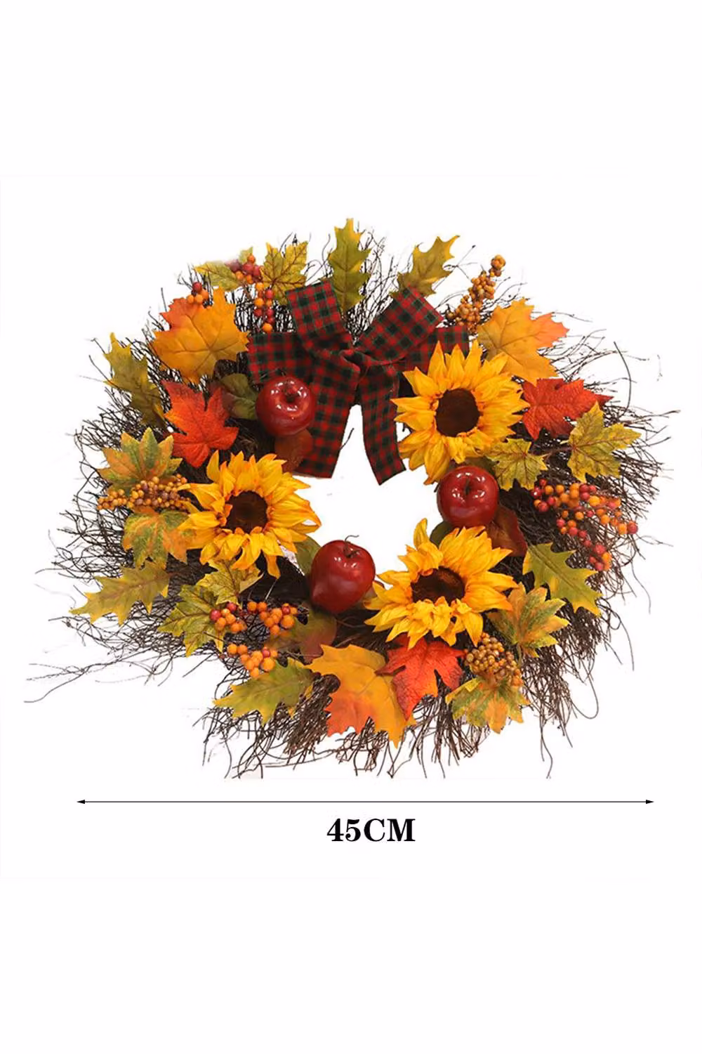 H&O Direct Pre-Lit Autumn Wreath with Sunflowers and Faux Leaves in Orange and Multicolour, Diameter: 45 cm – 3