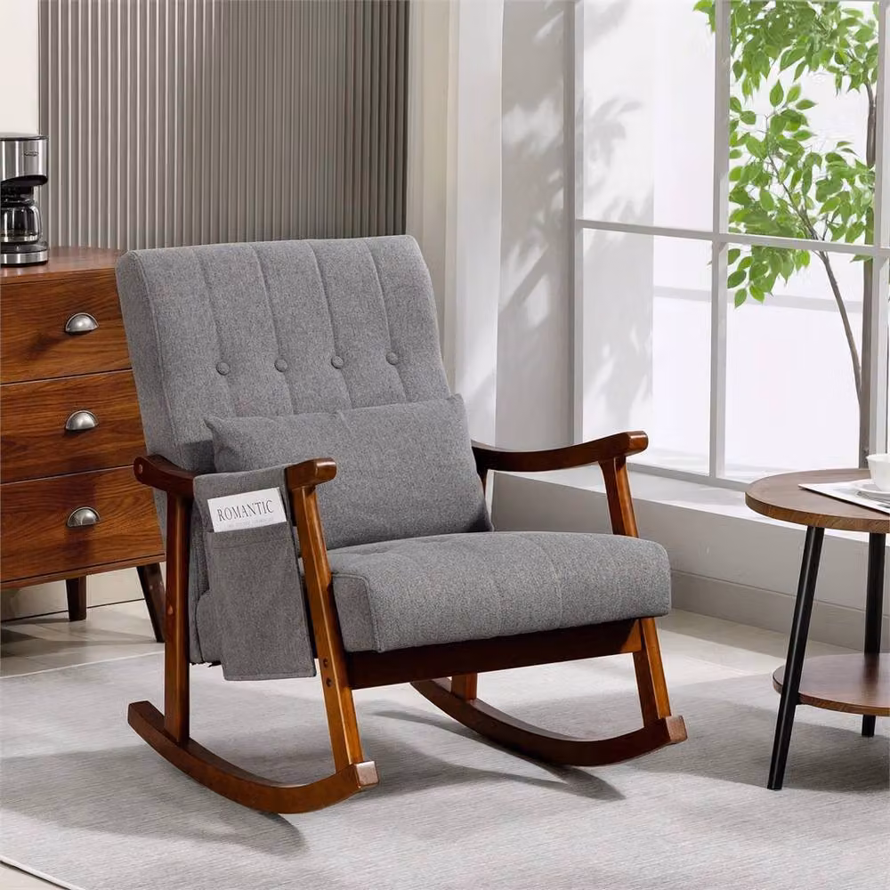Nordara Grey Modern High-Back Fabric Rocking Chair with Armrests and Solid Wood Legs – 4