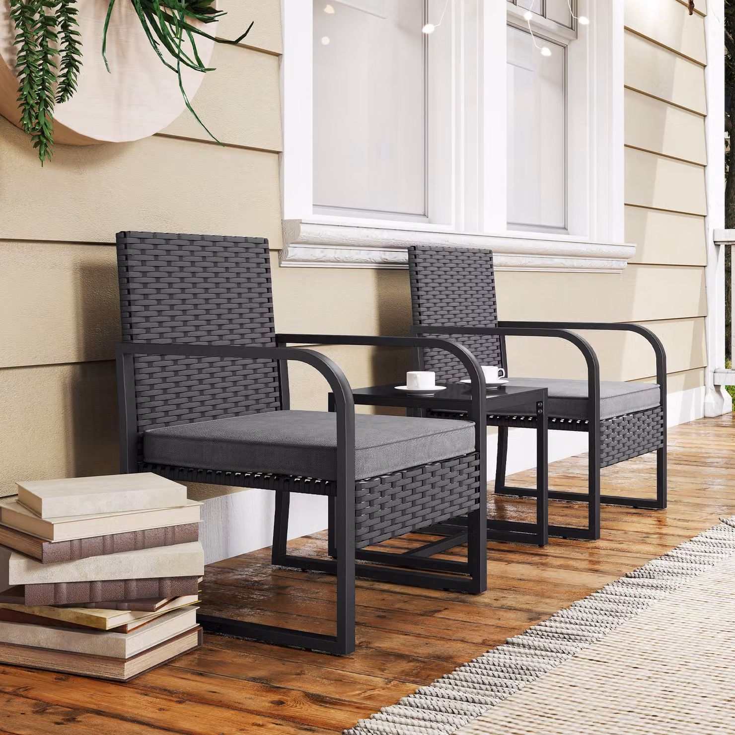 Outsunny 3 Piece Rattan Bistro Set with Cushions and Glass Top Table, Black – 9