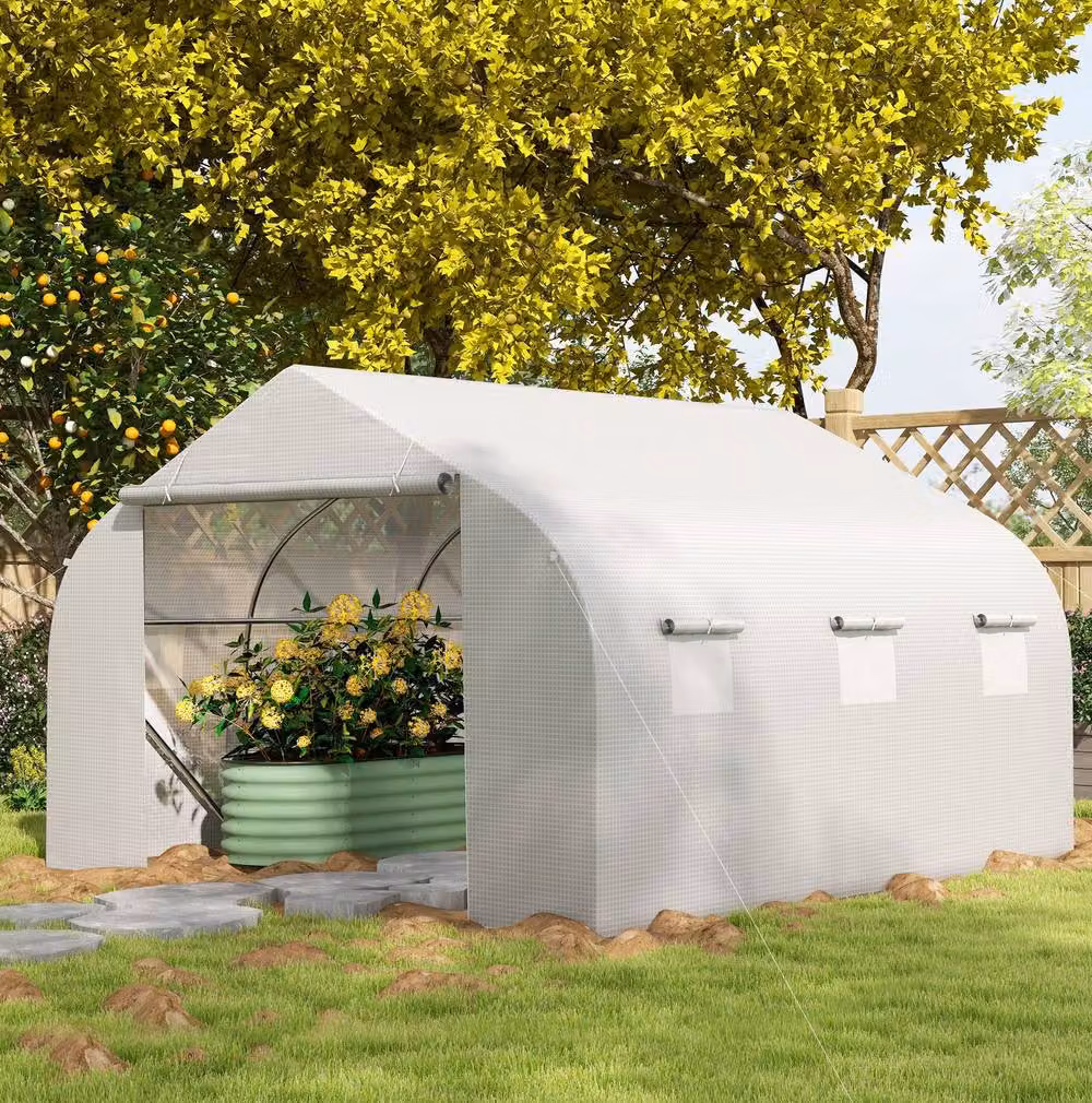 STILVORA Walk-In Greenhouse with 6 Mesh Windows and PE Cover in White, W: 445 cm, D: 300 cm, H: 205 cm – 2