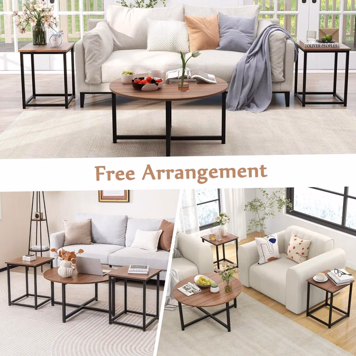 Costway Modern 3-Piece Coffee and End Table Set in Brown with Geometric Metal Frames – 3