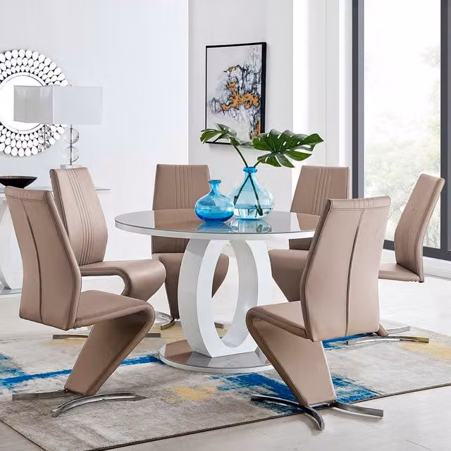 FurnitureboxUK Giovani Round Glass Dining Table and 4 Willow Chairs Set in Grey and Beige, Diameter: 120 cm