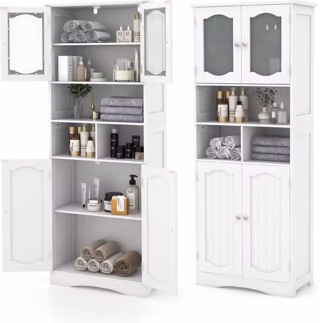 Gymax Freestanding Tall Bathroom Cabinet with Glass Doors and Adjustable Shelves in White – 1