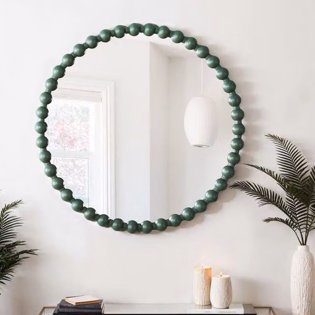 Home Garden Direct Como Large Round Beaded Wall Mirror in Green, Diameter: 90 cm