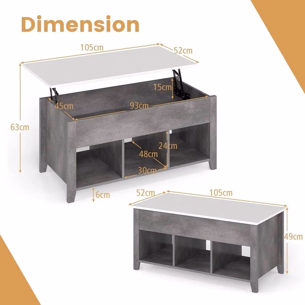 VOGREX Grey Modern Lift Top Coffee Table with 3 Storage Cubes – 2