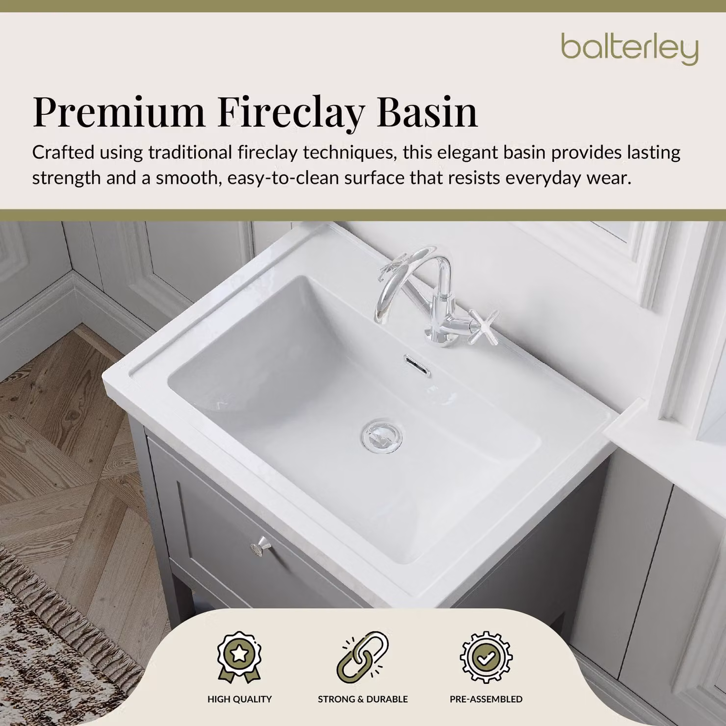 Balterley Bathroom Floor Vanity Unit with 1 Drawer and 1 Tap Hole Basin, Cool Grey, Width: 63 cm – 3