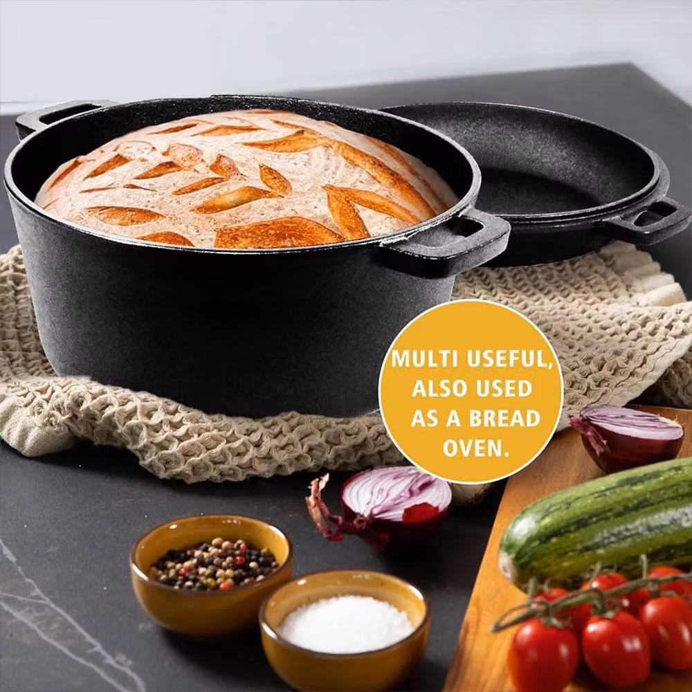 Ventryn 2 in 1 Seasoned Cast Iron Double Dutch Oven Casserole, 4.5 l, Black – 5